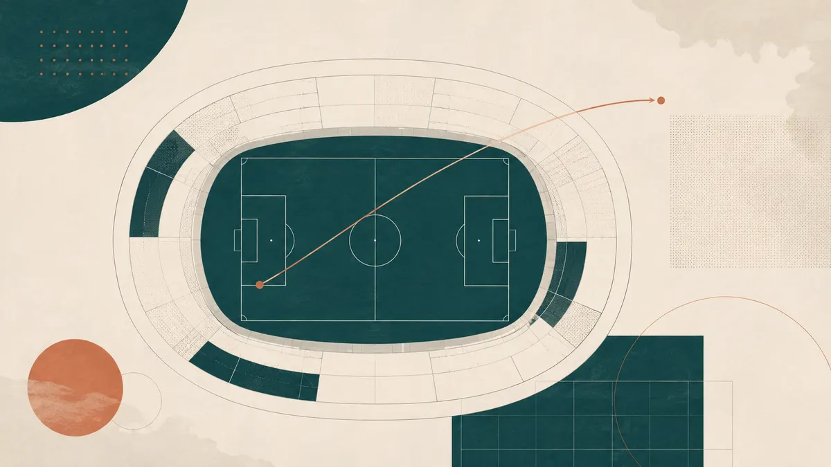 Yuxarıdan görünən stadion meydançası və üzərindən keçən nazik trayektoriya xətti