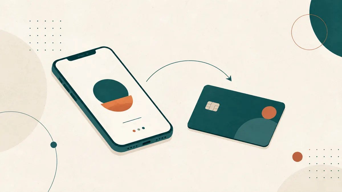 Telefon, bank kartı və aralarındakı köçürmə oxu — mobil ödənişlərin şərti təsviri